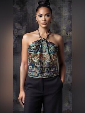 Cato Geometric Chevron Beaded Halter Top Tank Blouse Medium Boho Turquoise Brown